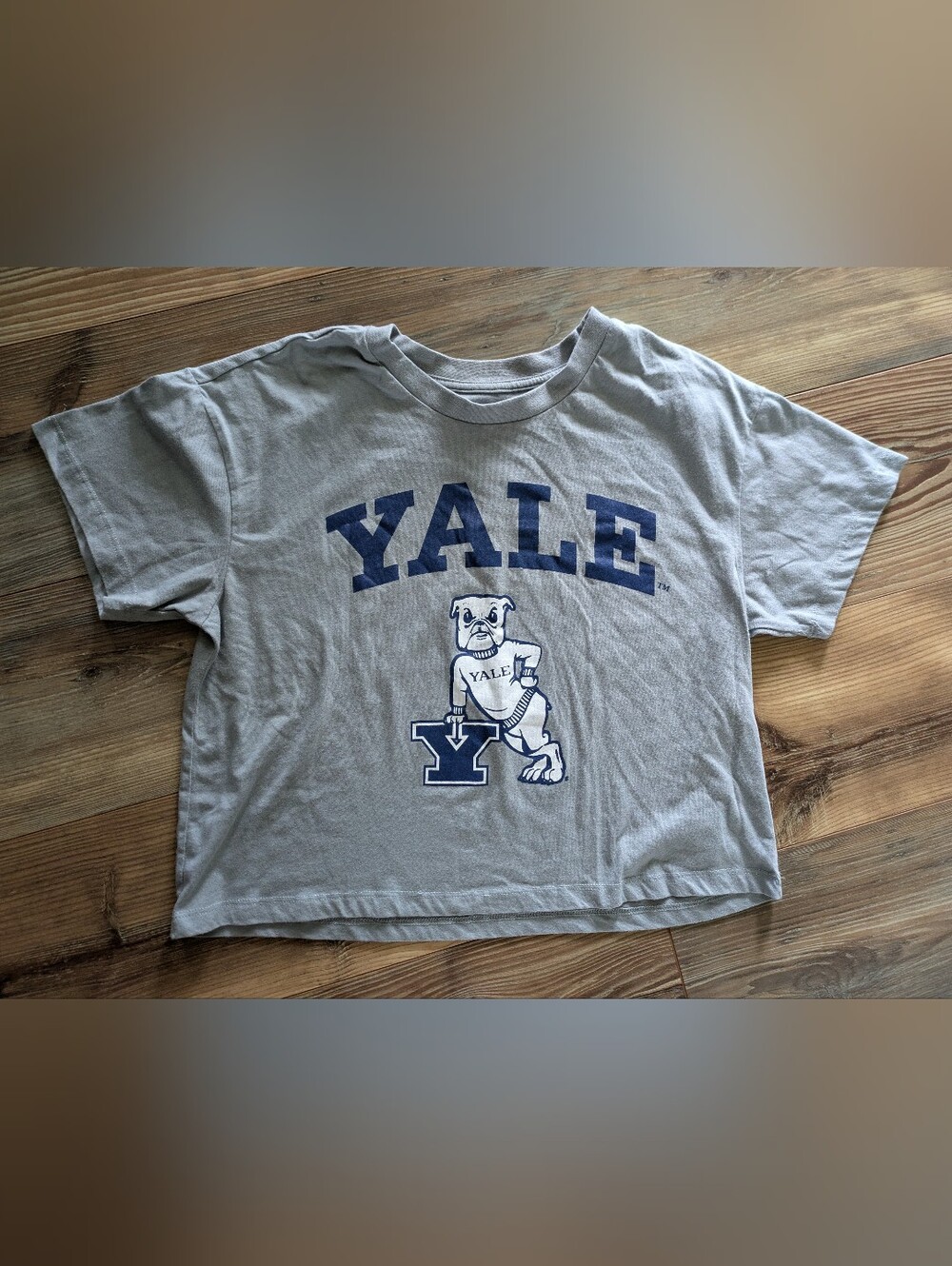 Yale University Bulldogs Gray & Blue Cropped Short Sleeve T-Shirt Large